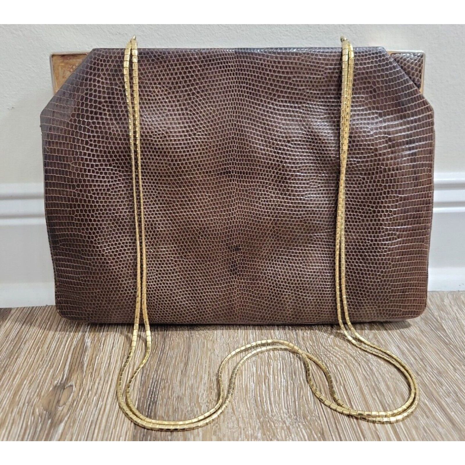 image of Judith Leiber Vintage Judith Lieber Snakeskin Women's Shoulder Bag Brown Golden Strap Read in White
