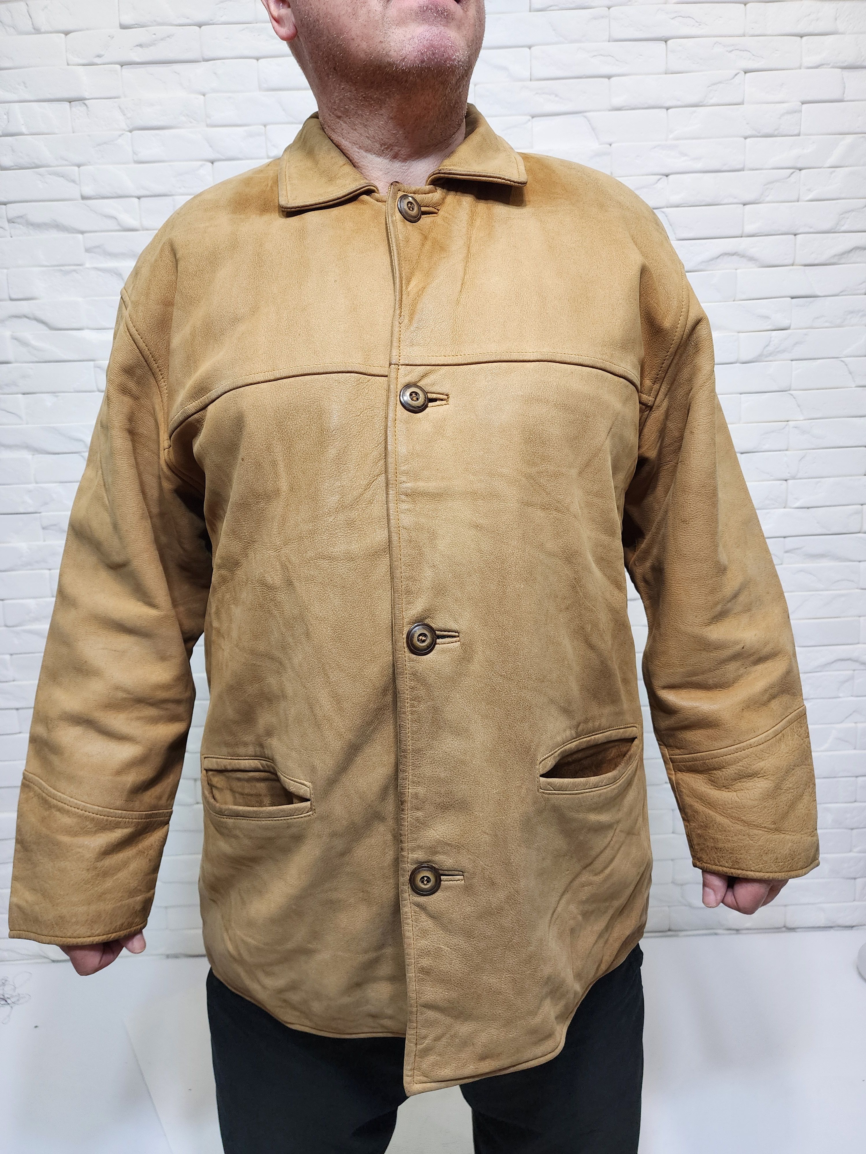 Genuine Leather Men's Brown Leather Jacket: Button Front, Size US XL / EU 56 / 4 - 1 Thumbnail