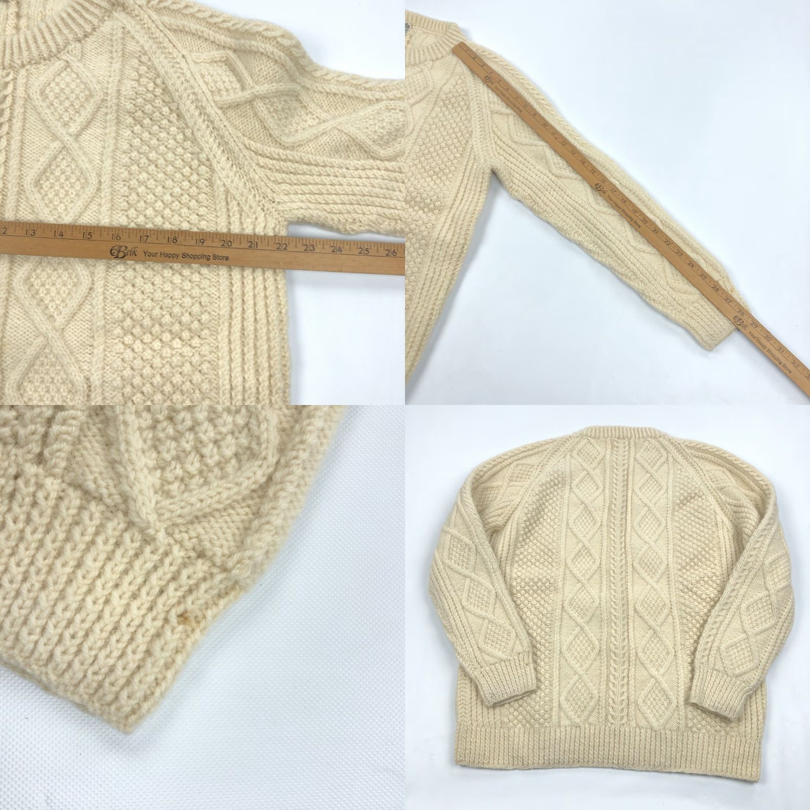 Vintage Premier Aran Sweater Men's Cream Cable Knit Wool 100% L Crew Neck Pullover Jumper Handknit Heavyweight Wool Irish Classic Outdoor Autumn Winter Size US L / EU 52-54 / 3 - 8 Thumbnail