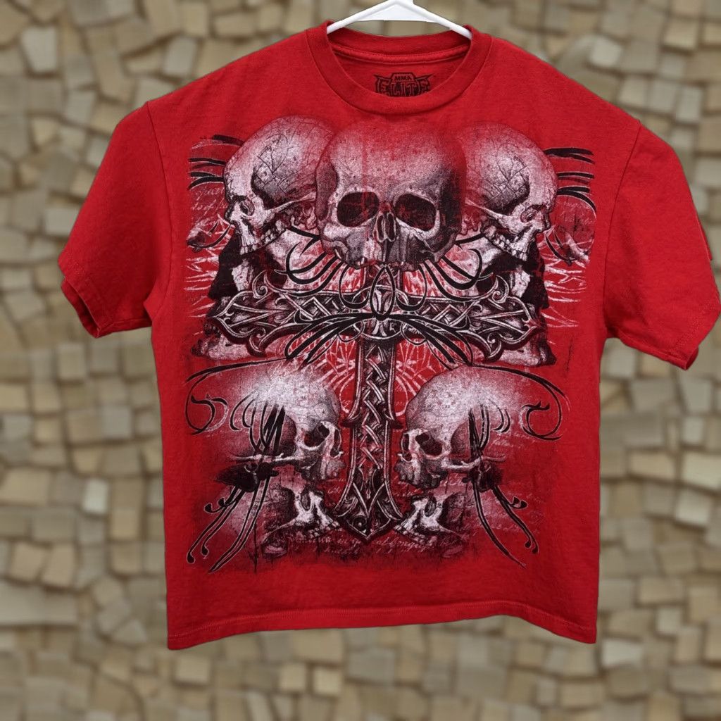 Vintage VINTAGE MMA Elite T Shirt Large Red Cotton Graphic Print Skull Cross Grunge Gothic 90s Y2K Men Mens Size US L / EU 52-54 / 3 - 1 Thumbnail