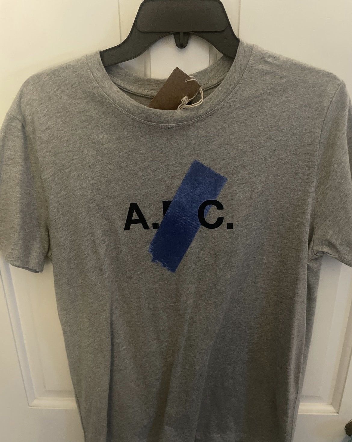 image of A P C Logo Tape T-Shirt in Grey, Men's (Size Small)