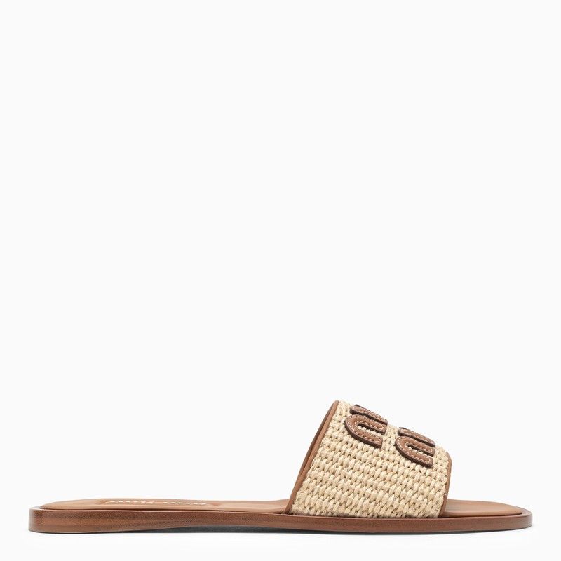 image of Miu Miu Beige And Brown Leather Slide Sandal With Logo in White, Women's (Size 10)