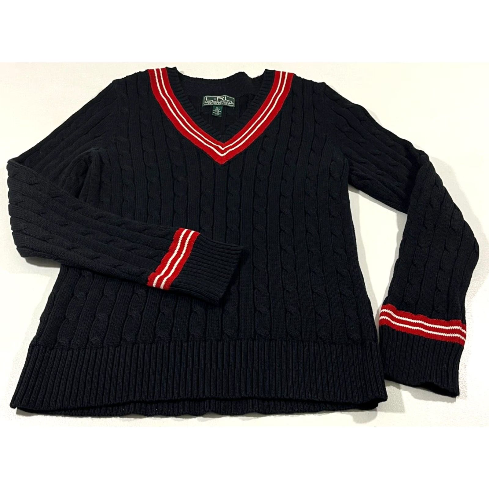 Ralph Lauren VINTAGE Lauren Ralph Lauren Women's Cable Knit V-Neck Cricket Sweater XL Black Pullover Knit Classic, Preppy Mens? Women? (adjust) Size XL / US 12-14 / IT 48-50 - 4 Thumbnail