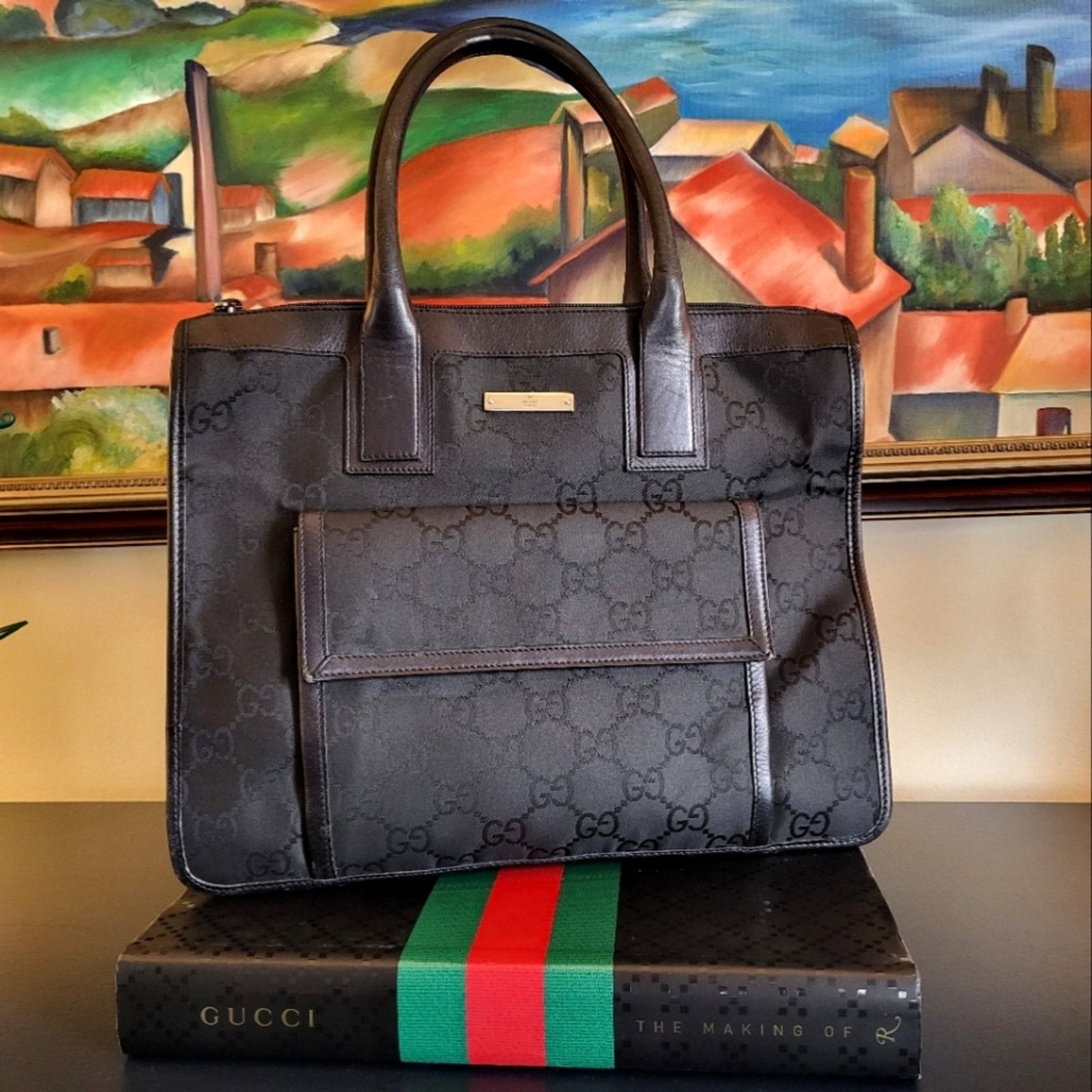 Gucci Gucci GG Nylon Leather Handbag Black Monogram Tote Bag Size ONE SIZE - 14 Thumbnail