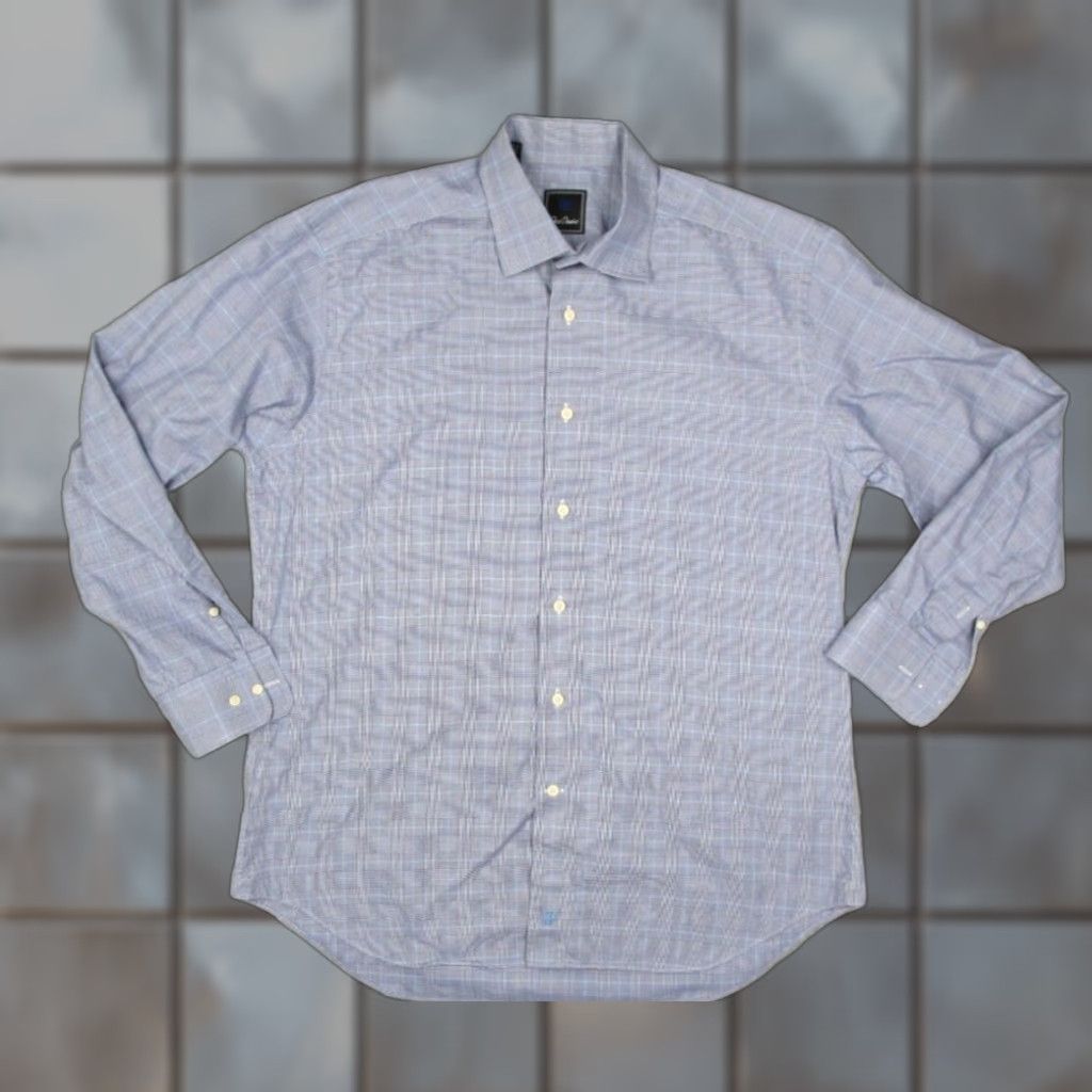 David Donahue Mens Blue Houndstooth Dress Shirt 16.5 34 Long Sleeve Button  Up Cotton