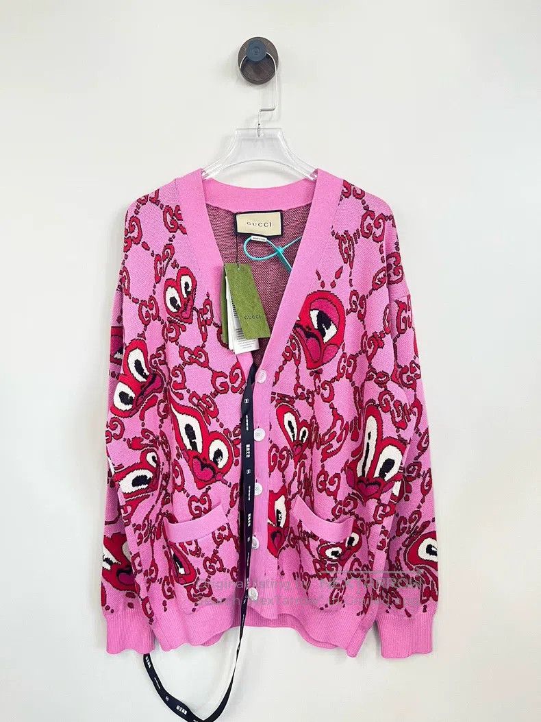 Gucci Gucci Pink love pattern inlaid V-neck single-breasted knit Size XS / US 0-2 / IT 36-38 - 1 Thumbnail