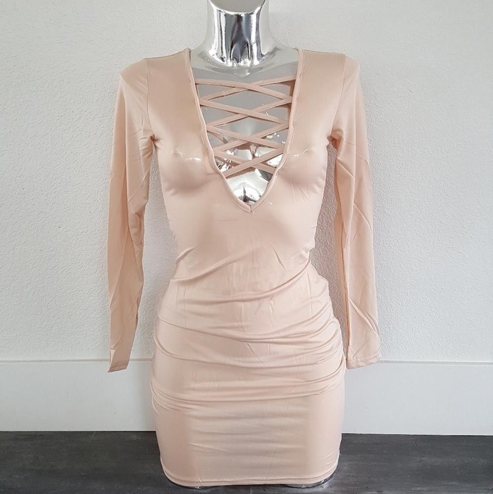 Designer Nude Laced Up Front Long Sleeve Mini Size S / US 4 / IT 40 - 1 Thumbnail