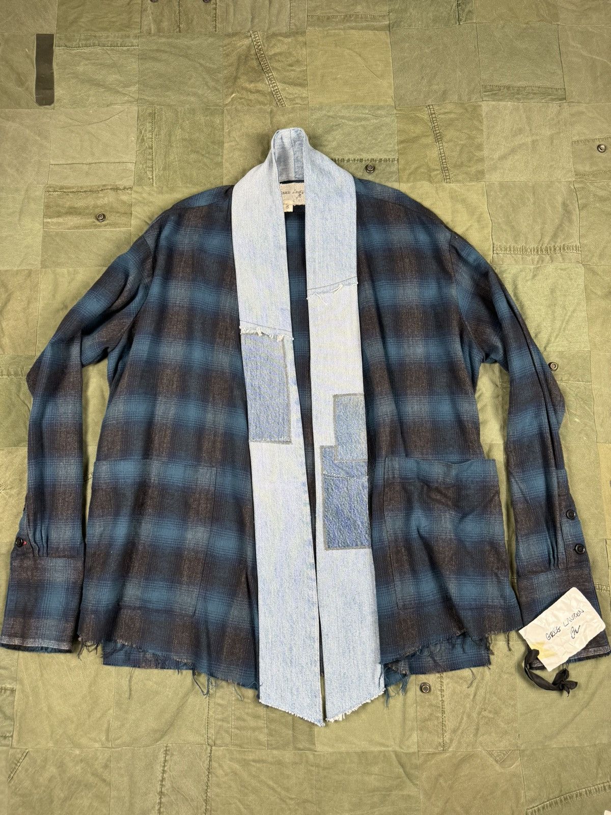 image of Greg Lauren Flannel Kimono In Blue, Men's (Size Large)