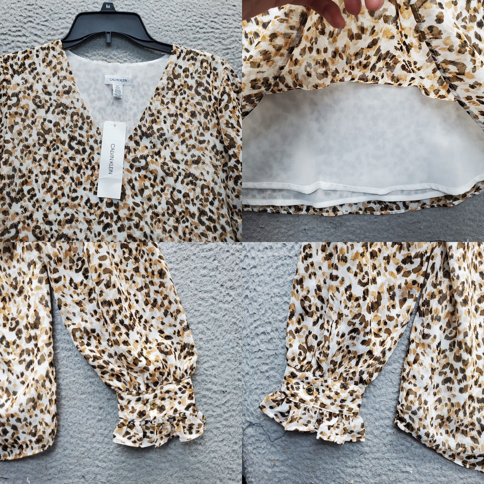 Calvin Klein Calvin Klein Blouse Womens S Multi Leopard Print Lined Balloon Sleeve V-Neck Shirt Womens S Size S / US 4 / IT 40 - 8 Thumbnail