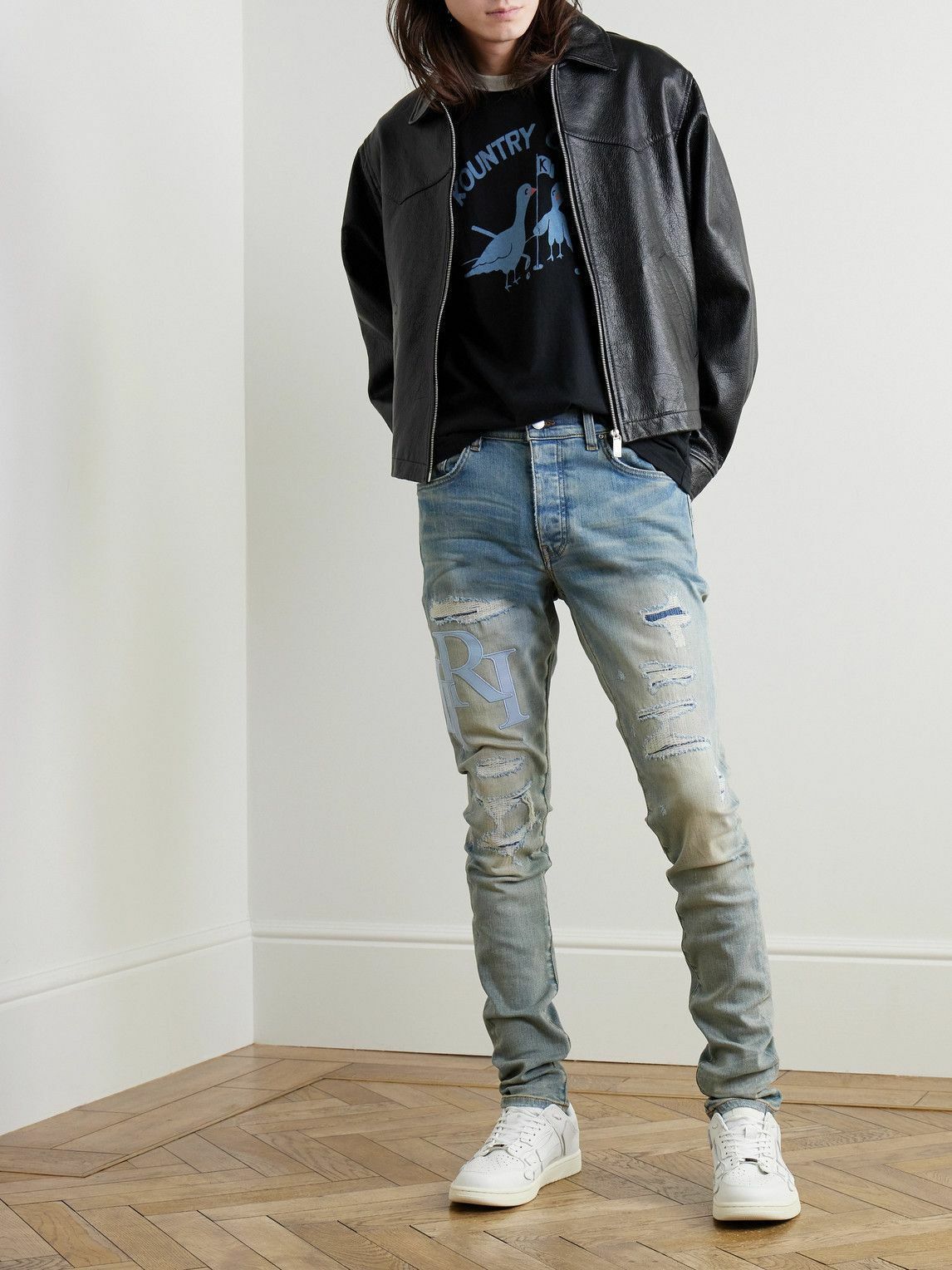 Amiri oc11z0825 Logo-Appliquéd Panelled Distressed Jeans in Blue Size US 28 / EU 44 - 2 Thumbnail