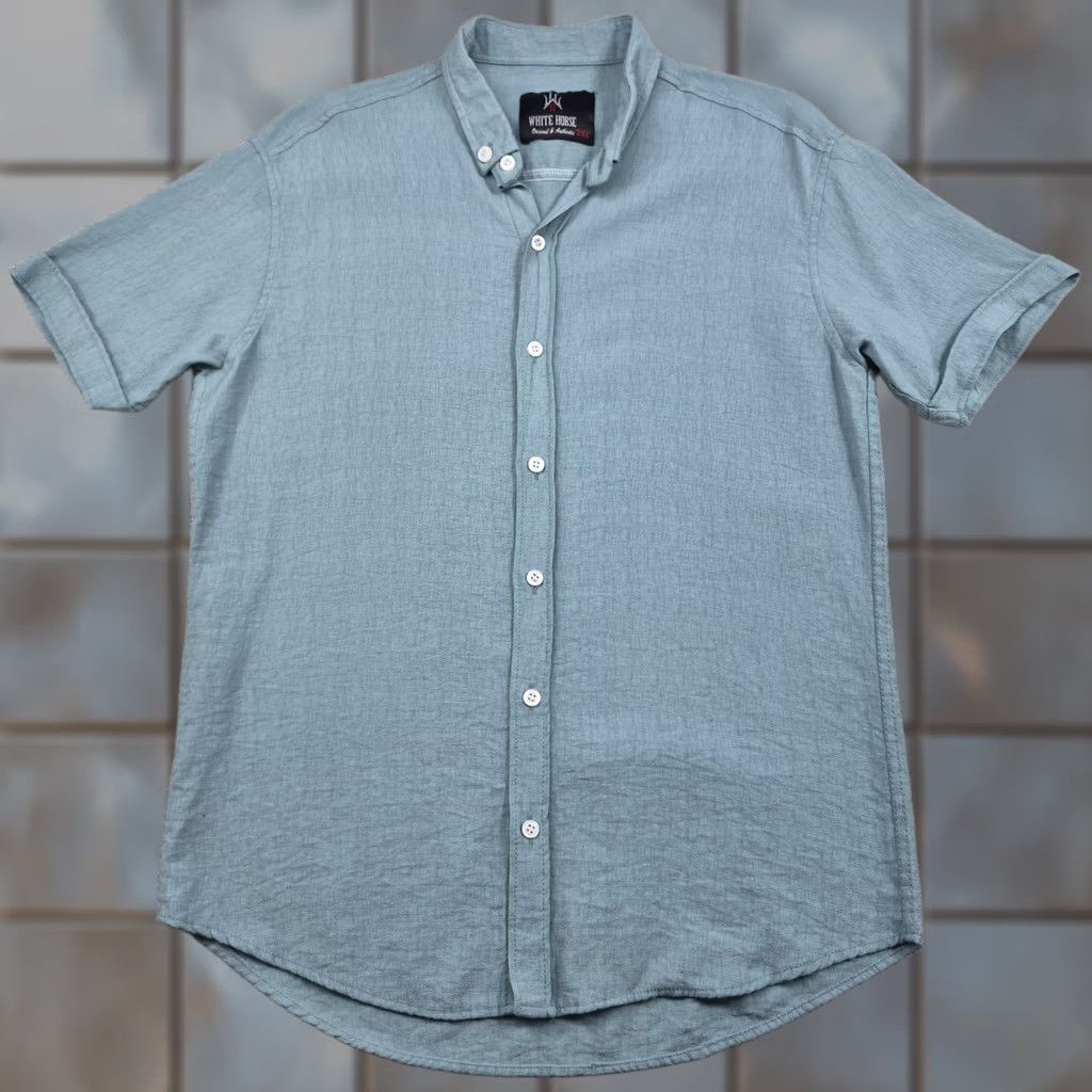 Vintage VINTAGE White Horse Button Up Shirt Mens 2XL Blue Short Sleeve Band Collar Casual Size US XXL / EU 58 / 5 - 1 Thumbnail