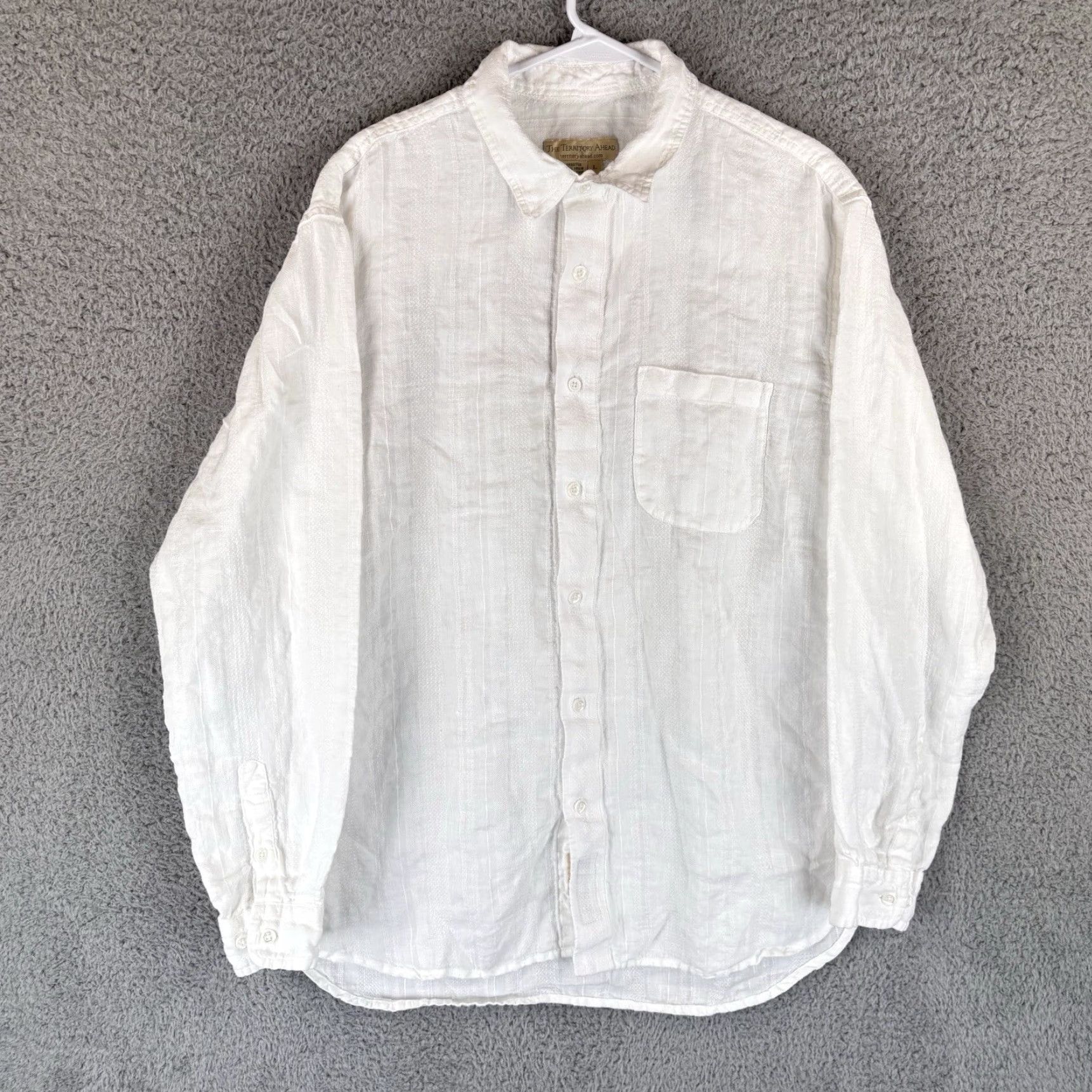 The Territory Ahead Territory Ahead Shirt Mens Large White 100% Linen Summer Beach Texture Striped Button-Up Casual Long Sleeve Collared Size US L / EU 52-54 / 3 - 4 Thumbnail