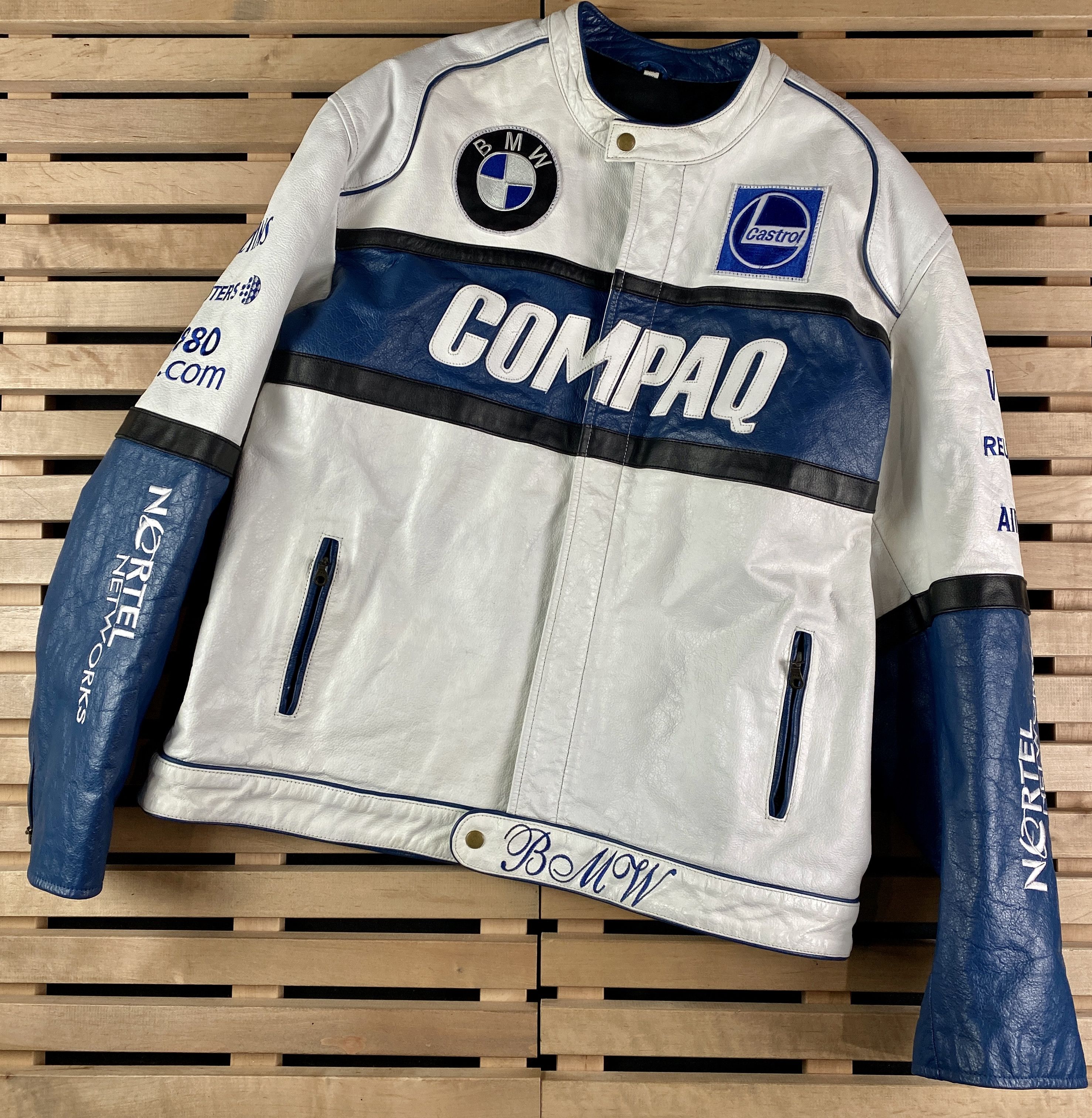 image of Men’S Leather Full Zip Racing Jacket Bmw Compaq Size 4Xl in White, Men's