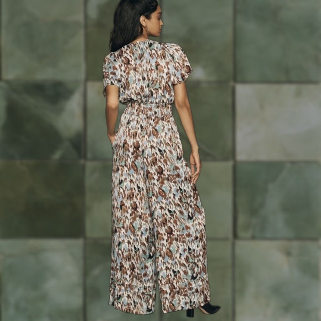 Anthropologie Anthropologie Jumpsuit Turquoise Abstract Print XS-Tall Multicolor V-Neck Short Sleeve Wide-Leg Pockets NWT Size 26" / US 2 / IT 38 - 1 Thumbnail