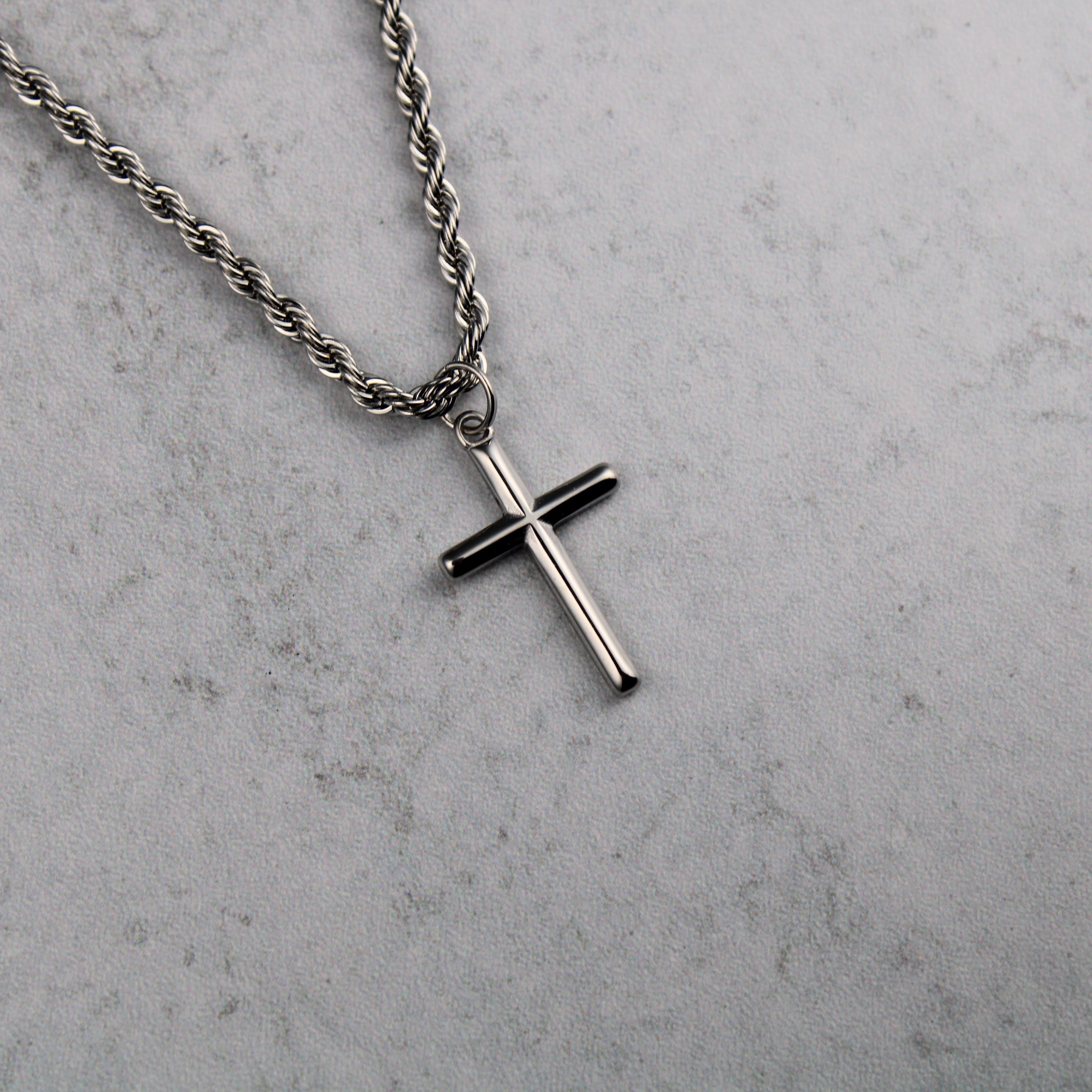Jewelry Silver Cross Pendant Necklace With Rope Chain Size ONE SIZE - 2 Thumbnail