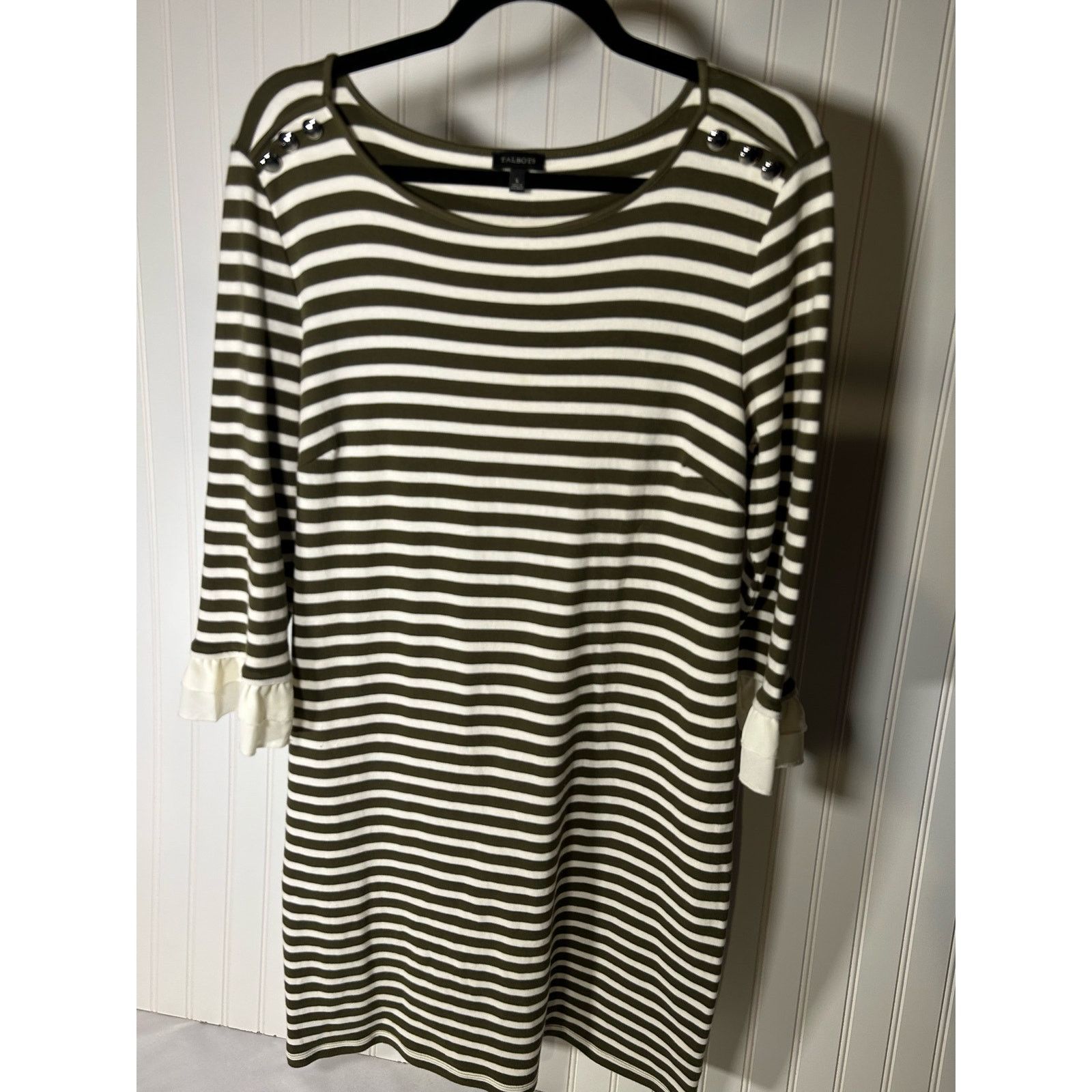 Robert Talbott Talbots Olive Green & Ivory Striped Dress W/Ruffled Size L Size L / US 10 / IT 46 - 9 Thumbnail