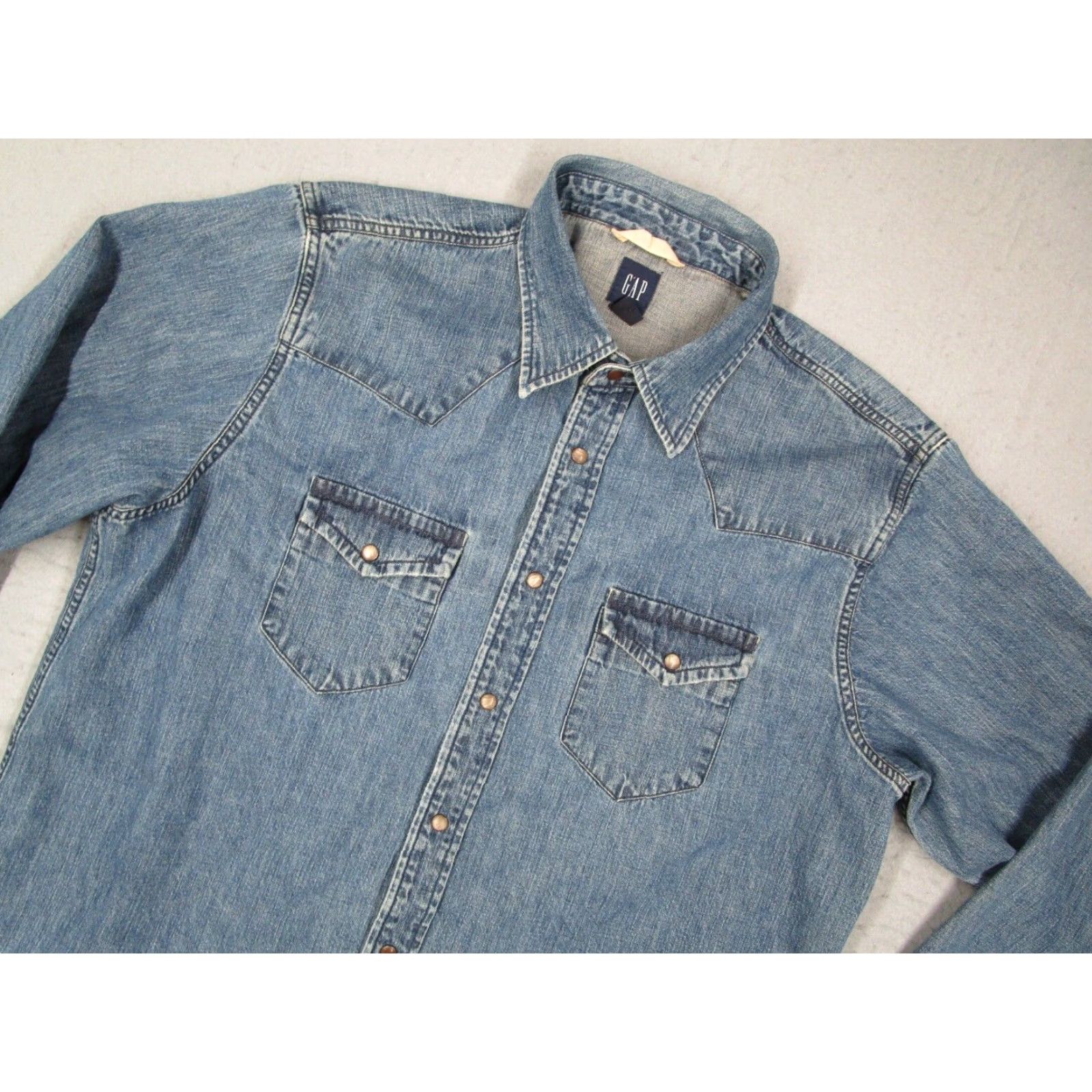 Gap Gap Mens Large Blue Denim Long Sleeve Button Up Shirt Pearl Snaps Workwear Cotton Size US L / EU 52-54 / 3 - 2 Thumbnail