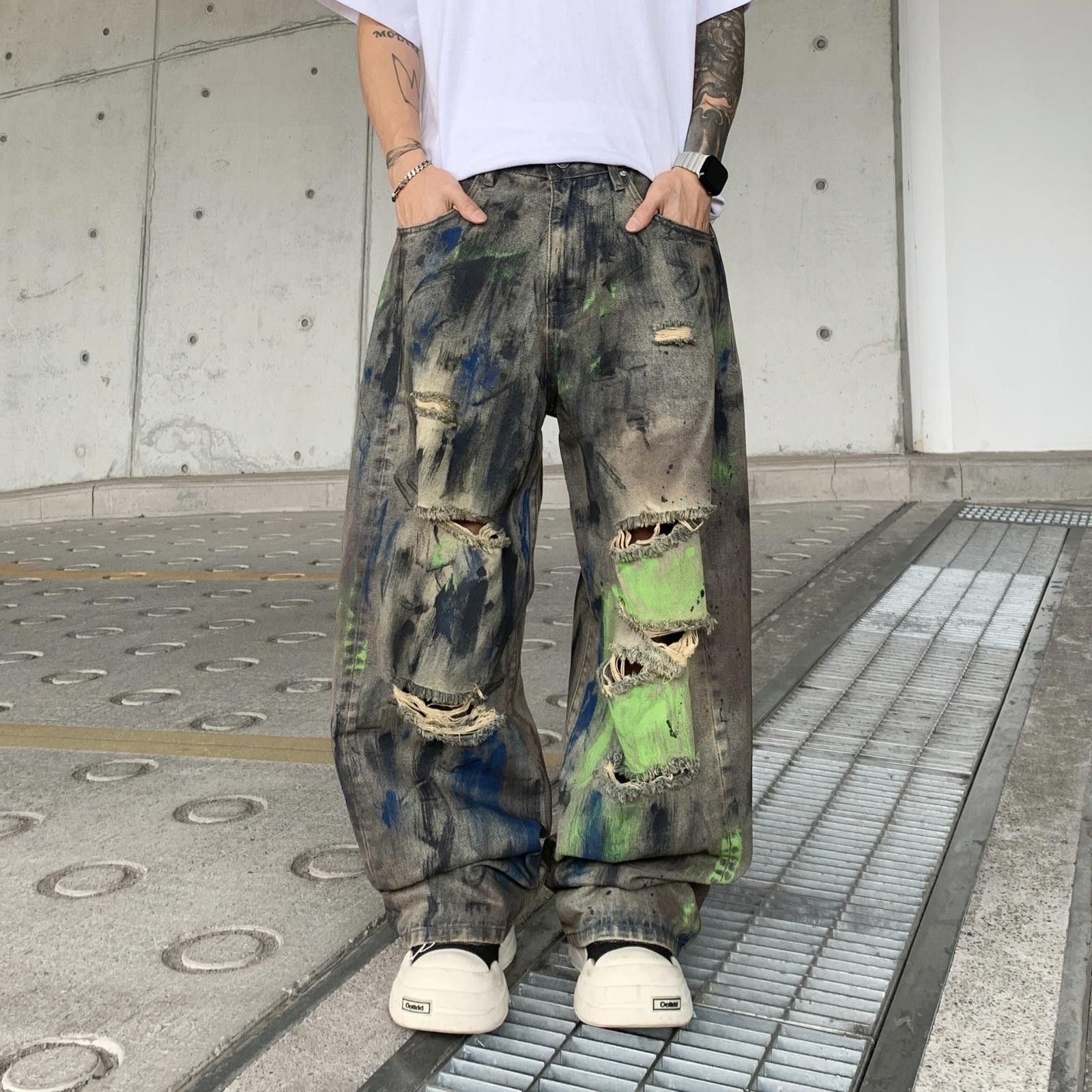 Japanese Brand Distressed Baggy Wide Leg Jeans with Paint Splatter Size US 32 / EU 48 - 9 Thumbnail