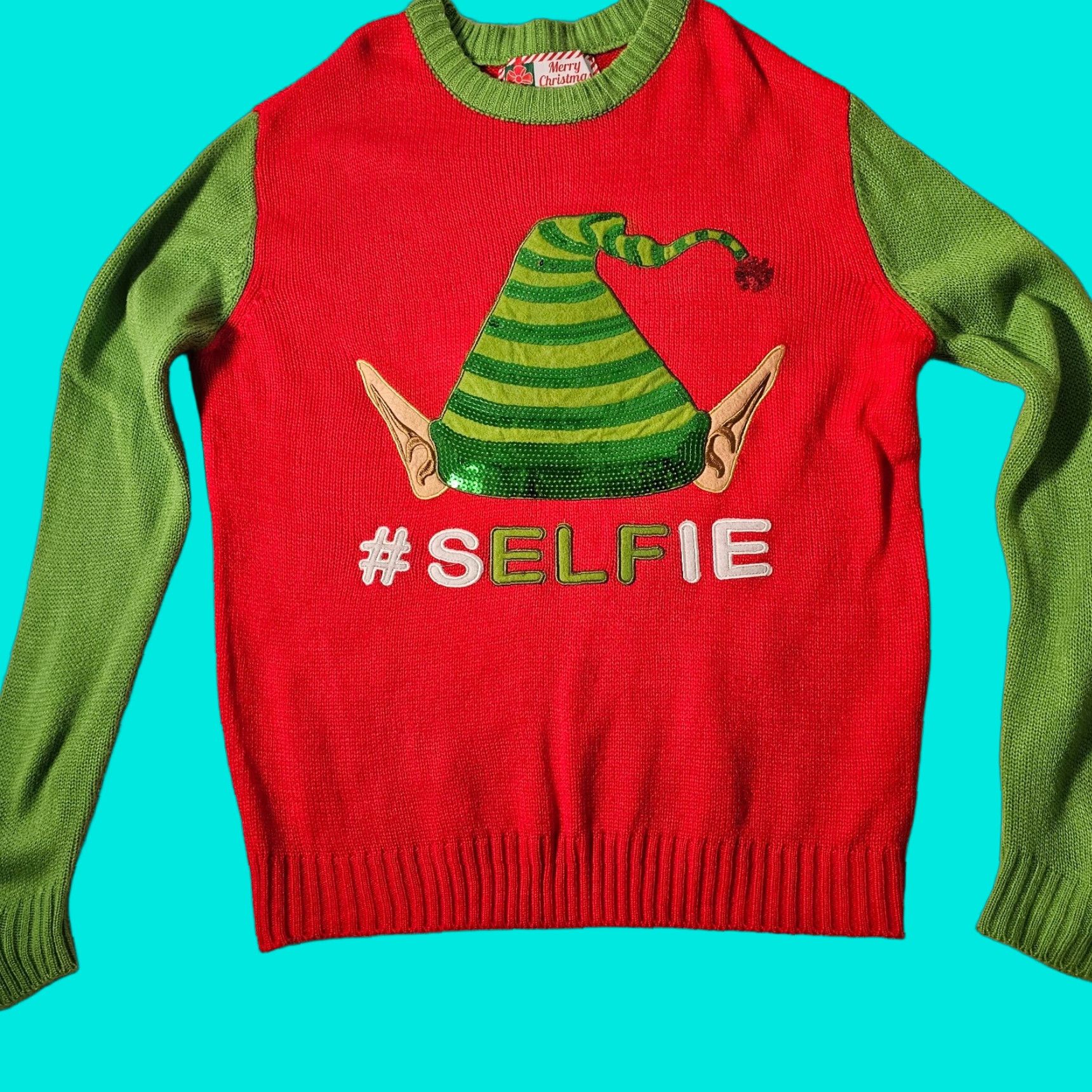 Vintage Christmas holiday ugly sweater Elf long sleeve Sequin size Medium #selfie Size M / US 6-8 / IT 42-44 - 1 Thumbnail