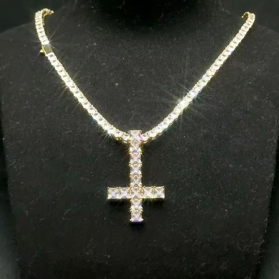 Japanese Brand 55 cm Iced Out Gold Tennis Chain Necklace Inverted Cross CZ Size ONE SIZE - 1 Thumbnail