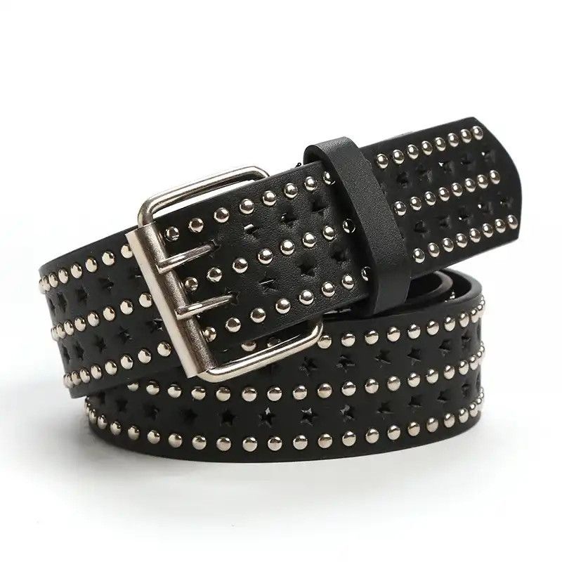 image of Hollow Five-Pointed Star Pu Leather Belt in Black/White, Men's