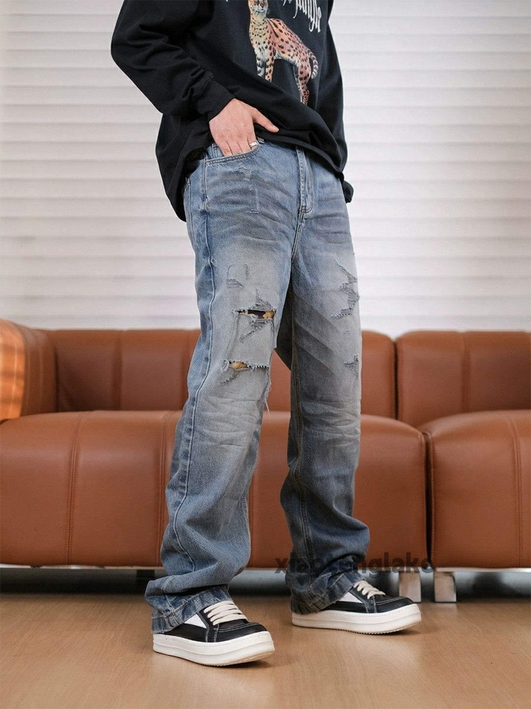 Jean × Vintage washed faded damaged stain ripped loose hiphop jeans Size US 36 / EU 52 - 6 Thumbnail