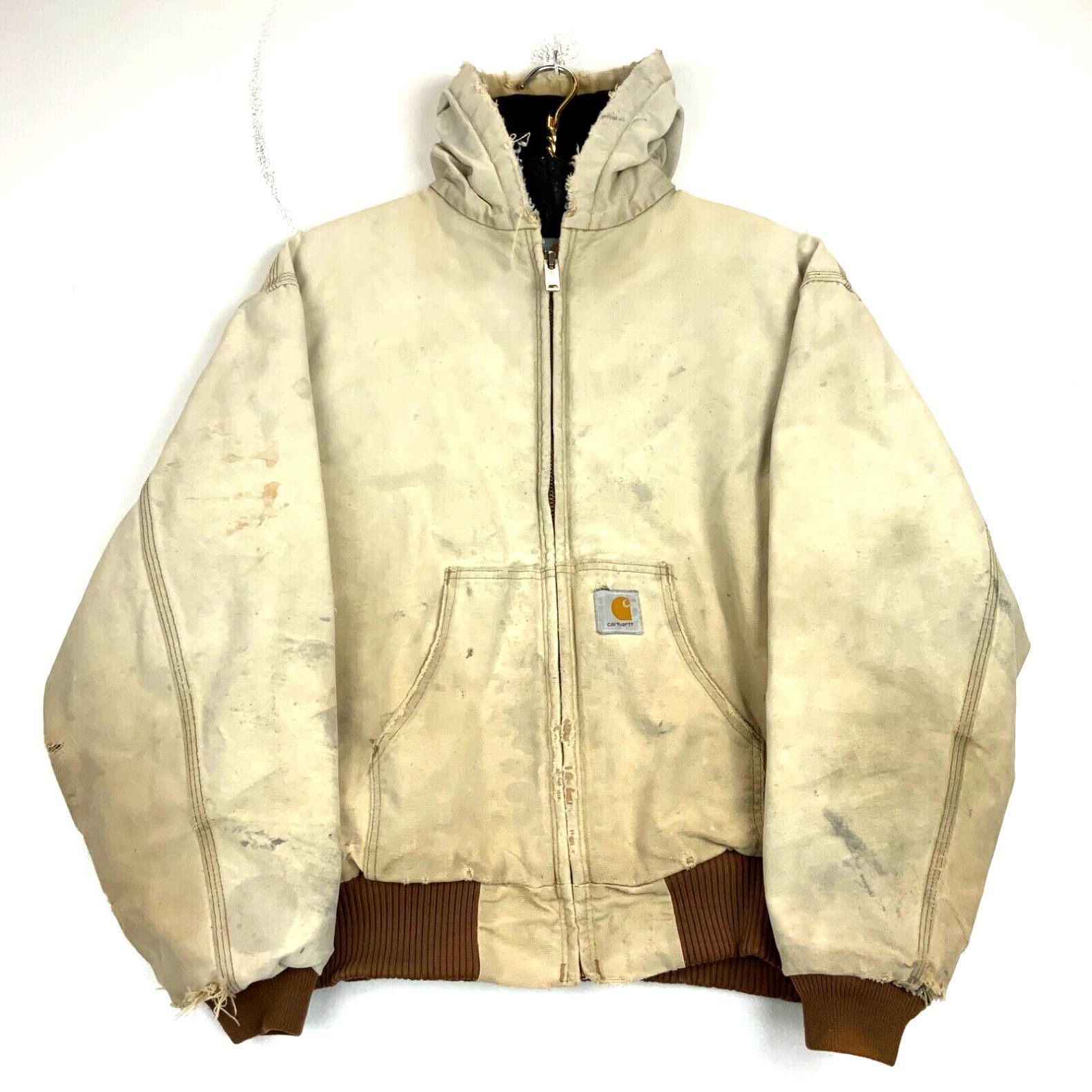 image of Carhartt Canvas Quilted Full Zip Hooded Work Jacket Size 2Xl Brown Distressed in White, Men's