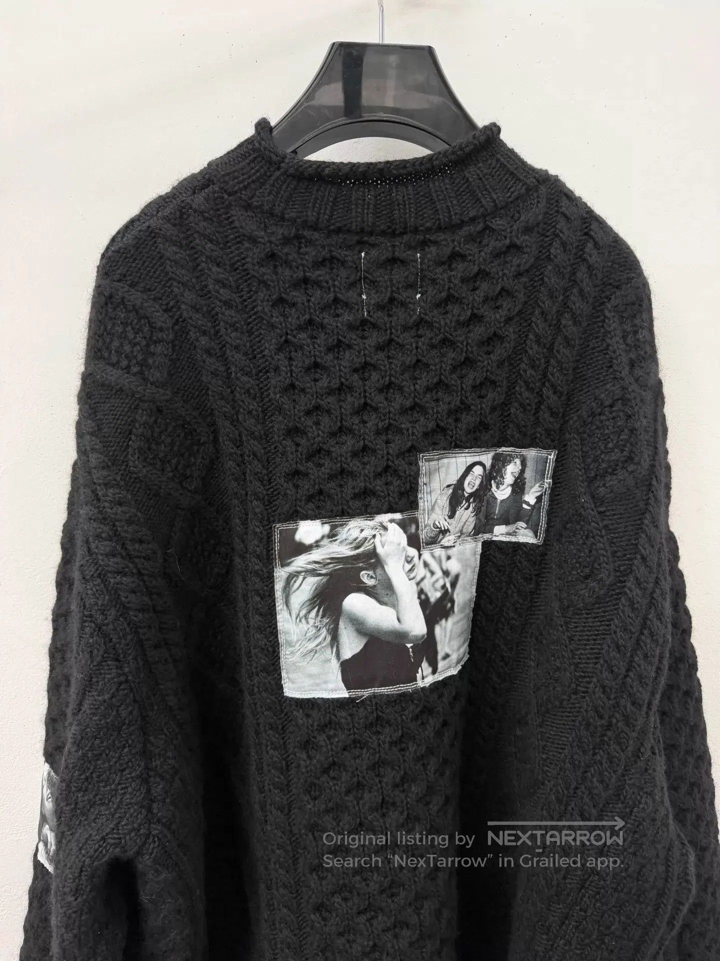 Takahiromiyashita The Soloist. Black Cable Knit Sweater with Photo Patches, Size M. Size US M / EU 48-50 / 2 - 5 Thumbnail