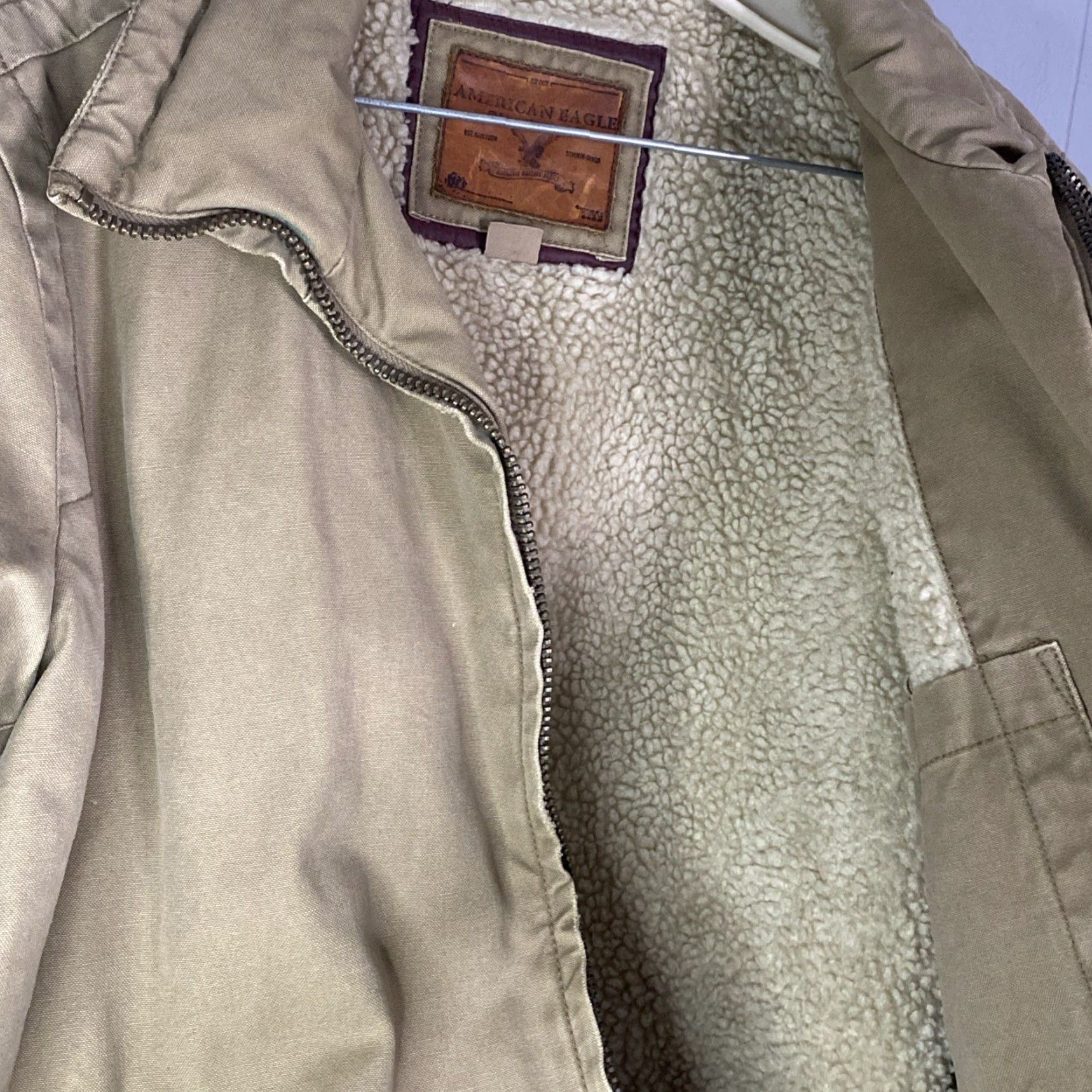 Vintage VINTAGE American Eagle Jacket Canvas Chore Coat Tan Sherpa Lined Mens Zip Up L 25x29 Jacket/Coat Short Solid Brown 90s Work Casual Size US L / EU 52-54 / 3 - 7 Thumbnail
