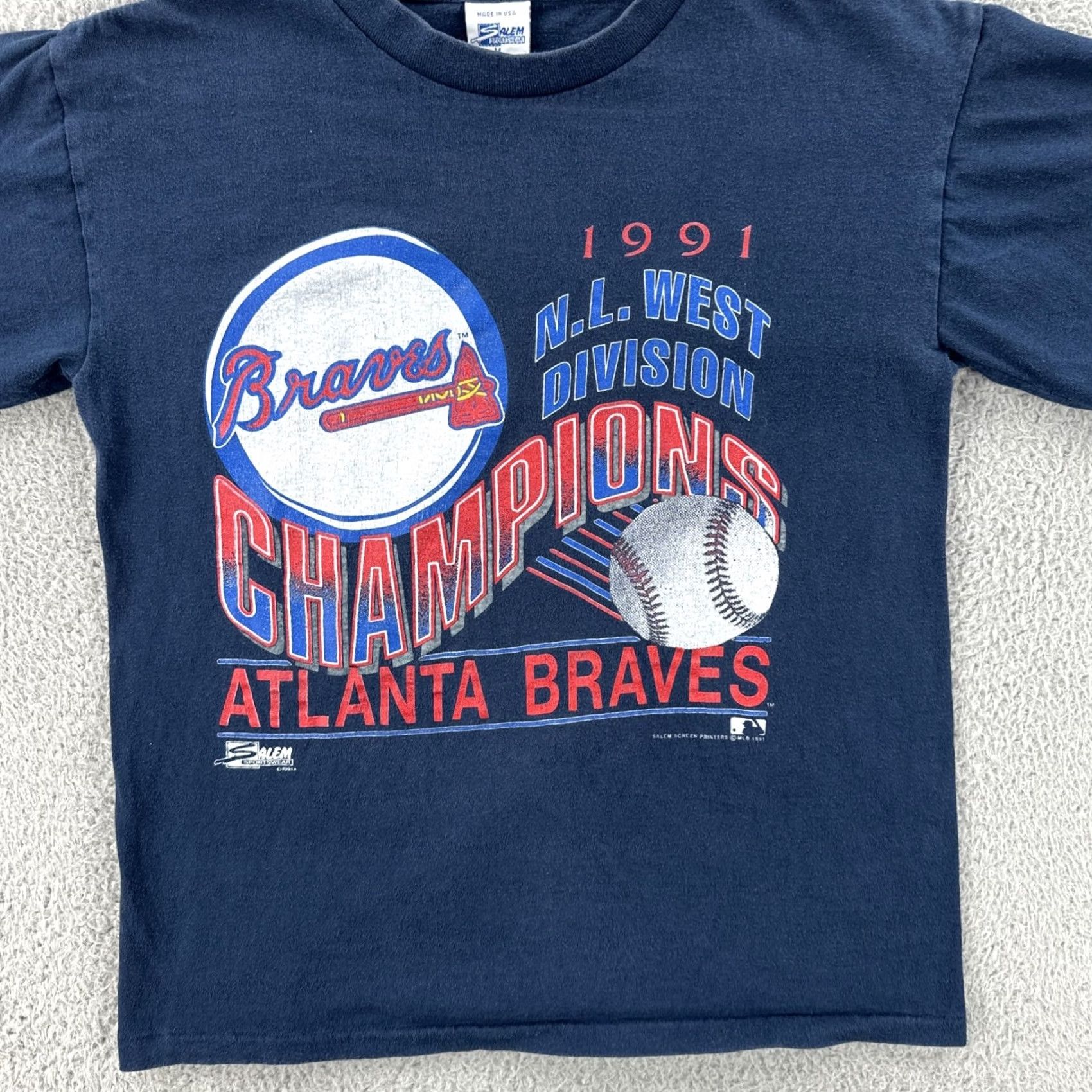 Salem Sportswear VINTAGE Salem Sportswear Mens Medium Blue T Shirt 1991 Atlanta Braves Champions Shirt Mens M Blue 90s USA Baseball Size US M / EU 48-50 / 2 - 4 Thumbnail
