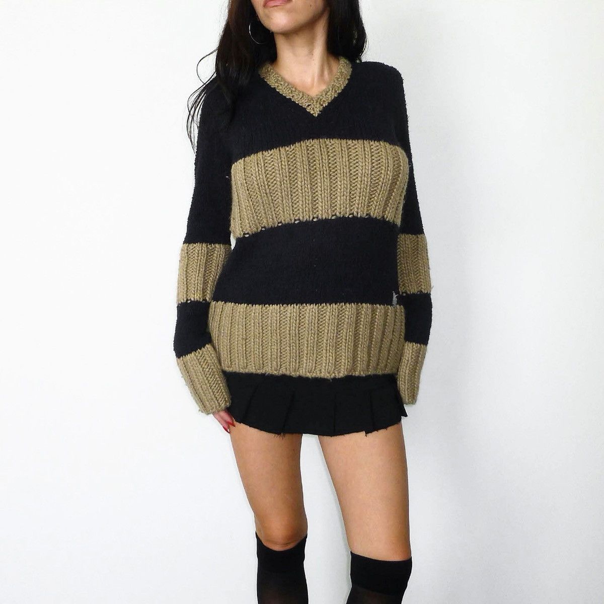 image of Vintage Versace Striped V Neck Sweater in Black, Women's (Size Small)