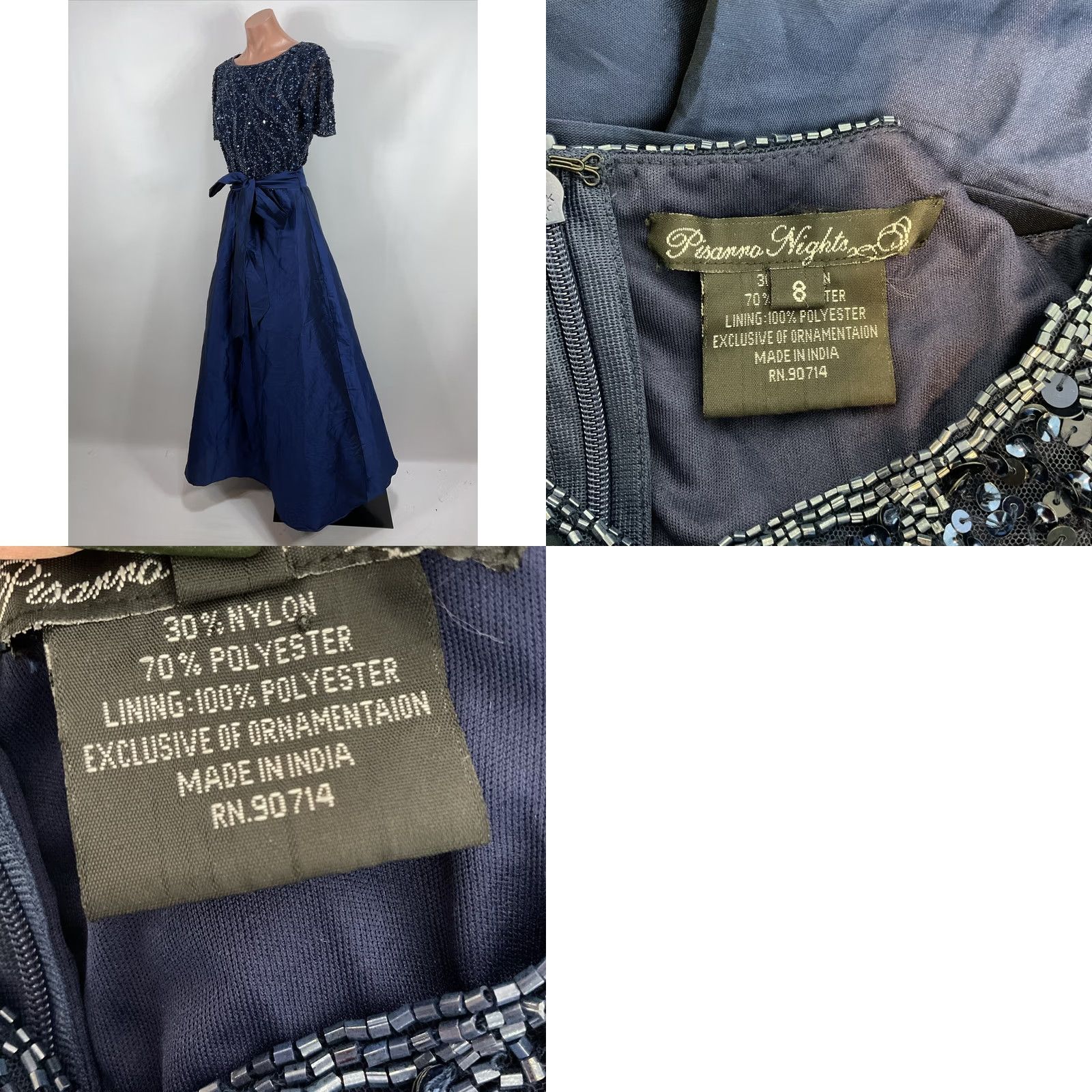 Vintage VINTAGE Pisarro Nights Sequin Bodice Gown Navy Blue Ball Gown Maxi Dress Womens SZ 8 Slim Fit & Flare Satin Cap Sleeve Crew Neck NWT Size M / US 6-8 / IT 42-44 - 8 Thumbnail
