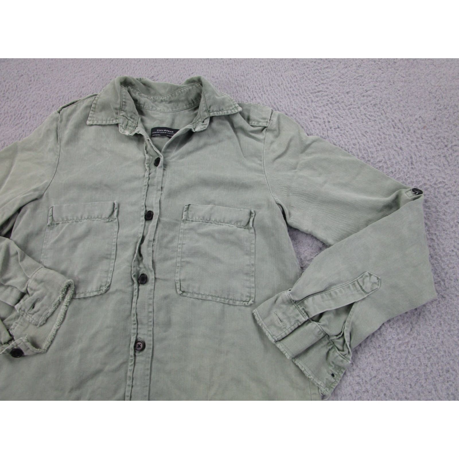 Zara Zara Shirt Womens XS Army Military Green Lyocell Collared Button-Up Workwear Long Sleeve Oversized Closet Basic Size XS / US 0-2 / IT 36-38 - 3 Thumbnail