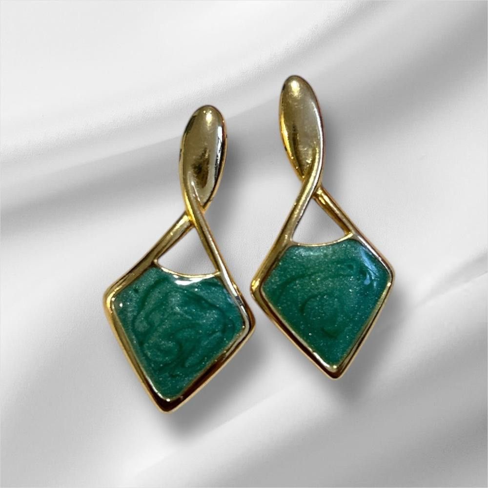 Designer Gold Tone and Green Enamel Dangle Earrings Size ONE SIZE - 1 Thumbnail