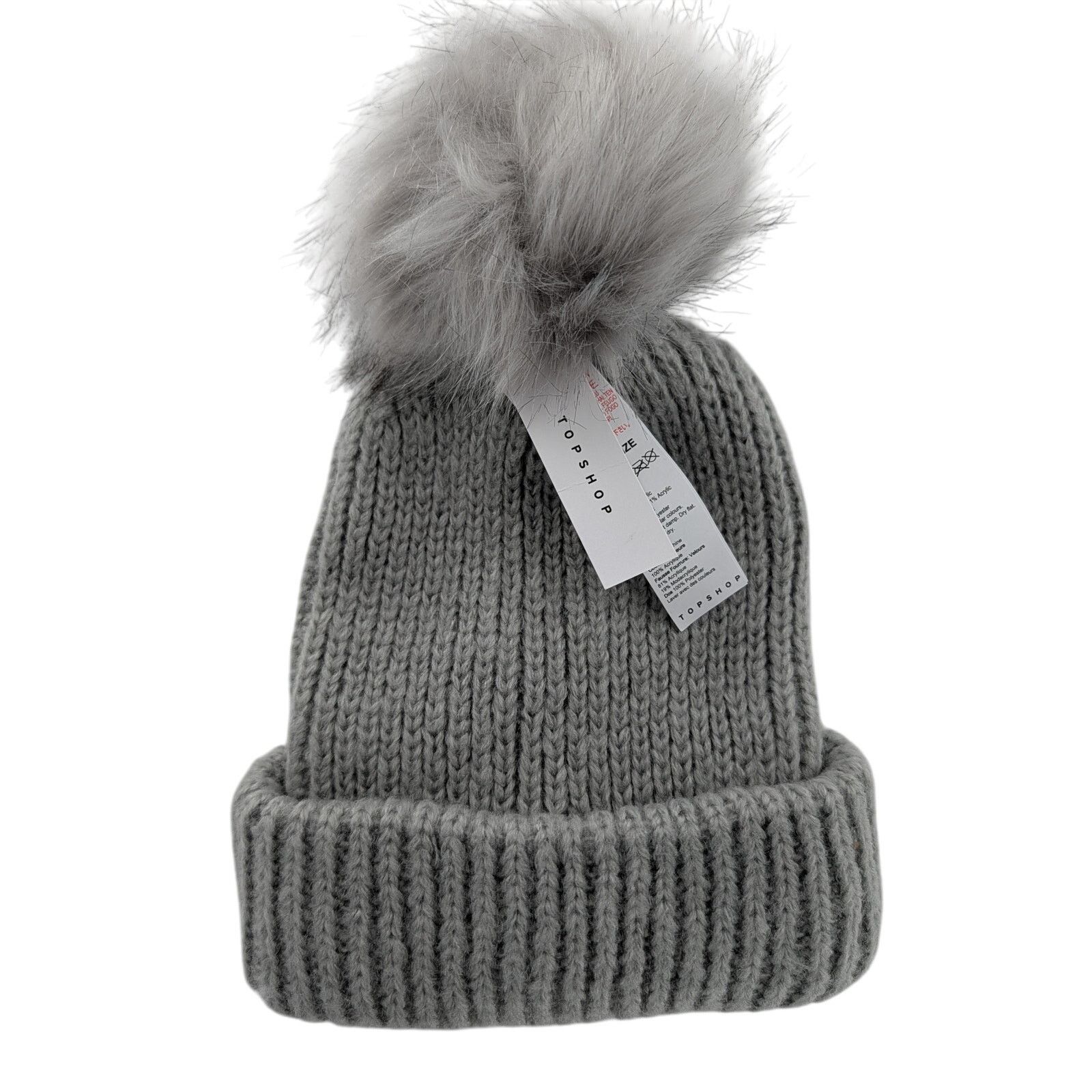 Topshop Gray Knit Cuffed Beanie Pom Hat by Topshop Size ONE SIZE - 5 Thumbnail