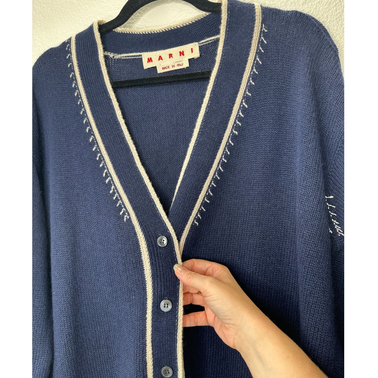 Marni Marni Navy Cream Whip Stitch V-Neck Button Cardigan 42 / XL Size XL / US 12-14 / IT 48-50 - 4 Thumbnail