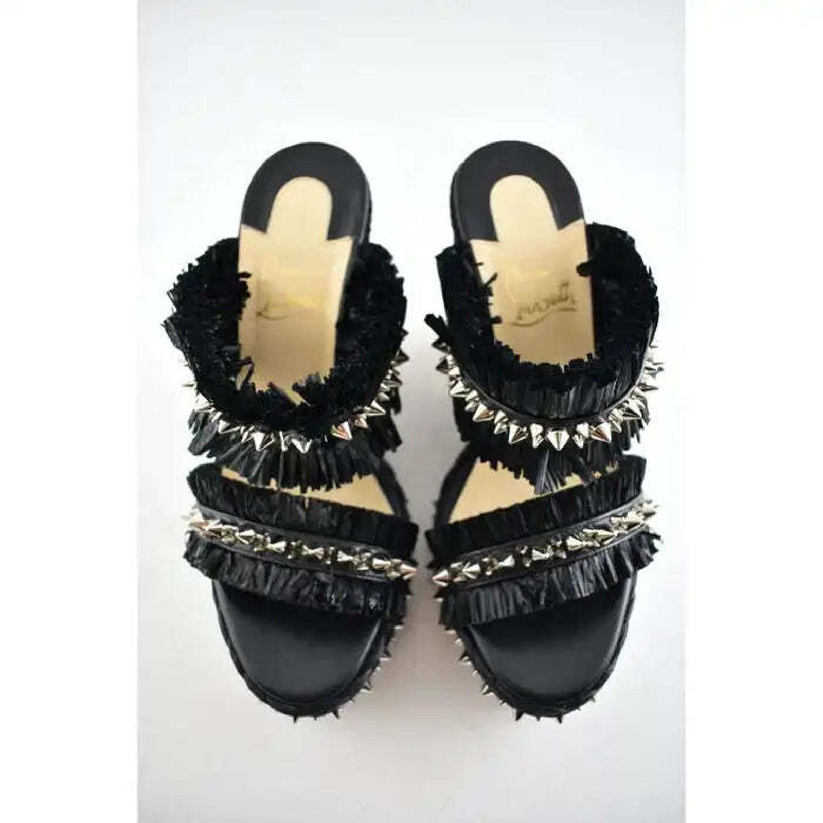 Christian Louboutin Voltinoudou 110 Black Raffia Wedge Slide Mule Sandal Heel 36 Size US 6 / IT 36 - 7 Thumbnail