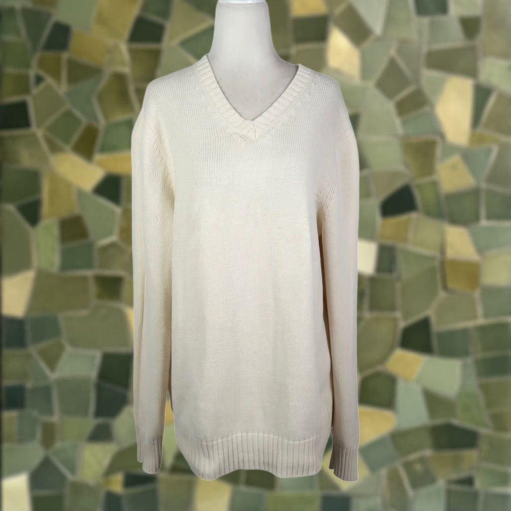 Eddie Bauer Eddie Bauer Cotton V-Neck Sweater Womens M Cream Pullover Knit Long Sleeve Solid Casual Knit 100% Cotton V-Neck Womens M Size M / US 6-8 / IT 42-44 - 1 Thumbnail