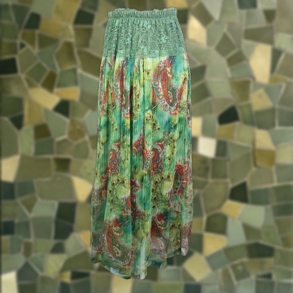 Vintage VINTAGE Green Peacock Paisley Print Lace Trim Pleated Midi Maxi Skirt S Women's Size 28" / US 6 / IT 42 - 1 Thumbnail