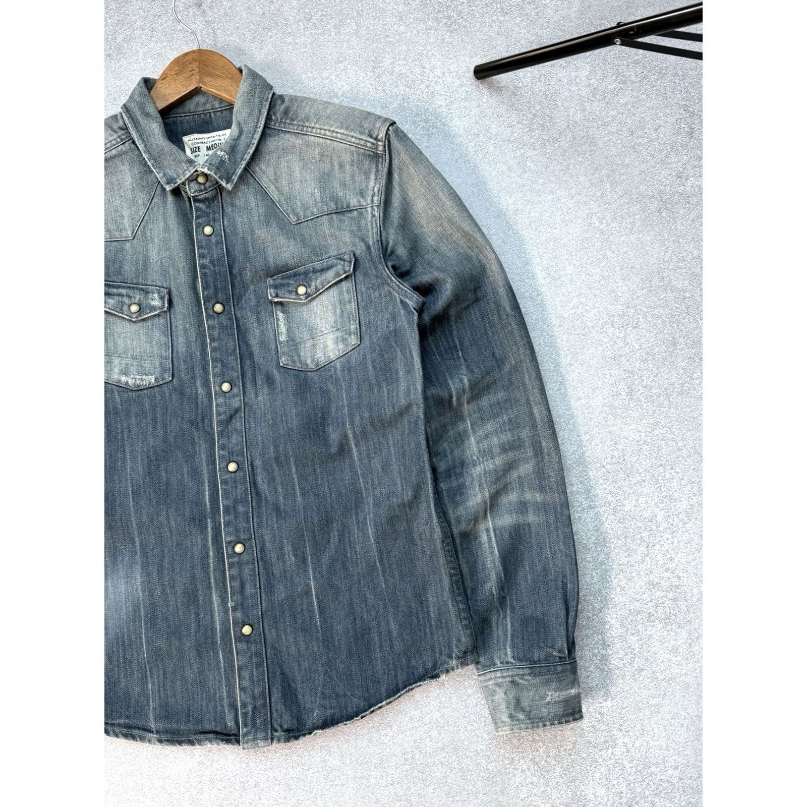 Allsaints AllSaints Denim Shirt Snap Distressed Vintage Blue Button Casual Mens M Blue Denim Y2K Shirt Size US M / EU 48-50 / 2 - 3 Thumbnail