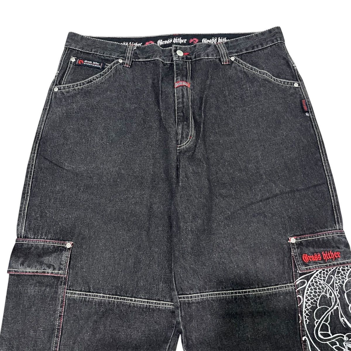 If Six Was Nine 🐲 Grass Hither Embroidery Baggy Cargo Black Denim Pant Size US 40 / EU 56 - 4 Thumbnail