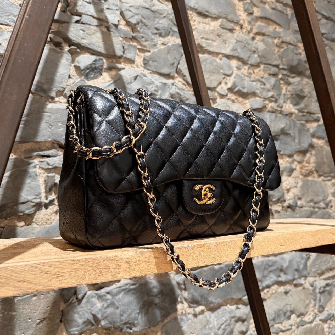 Chanel Black Lambskin GHW Jumbo Classic Double Flap Bag