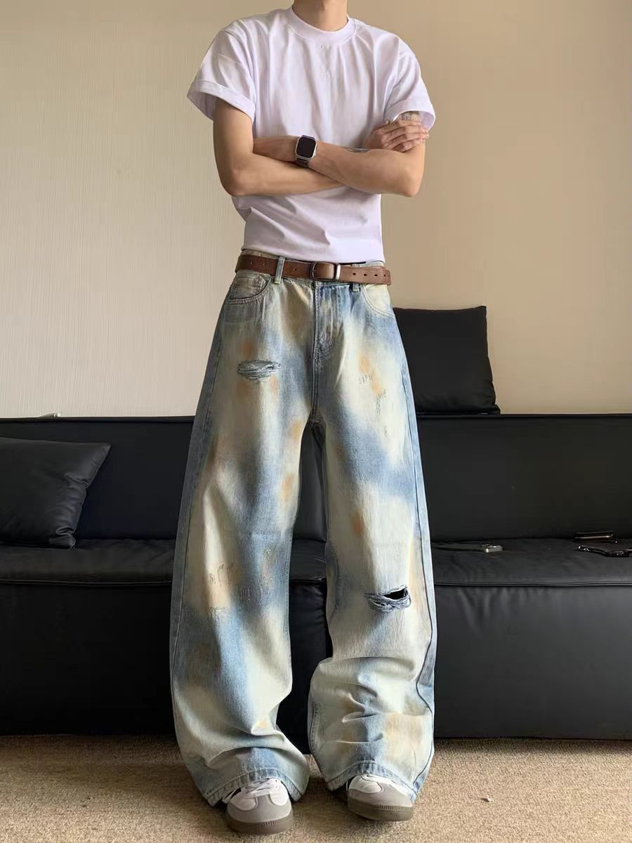 Yellow clay-dyed ripped vintage washed baggy jeans