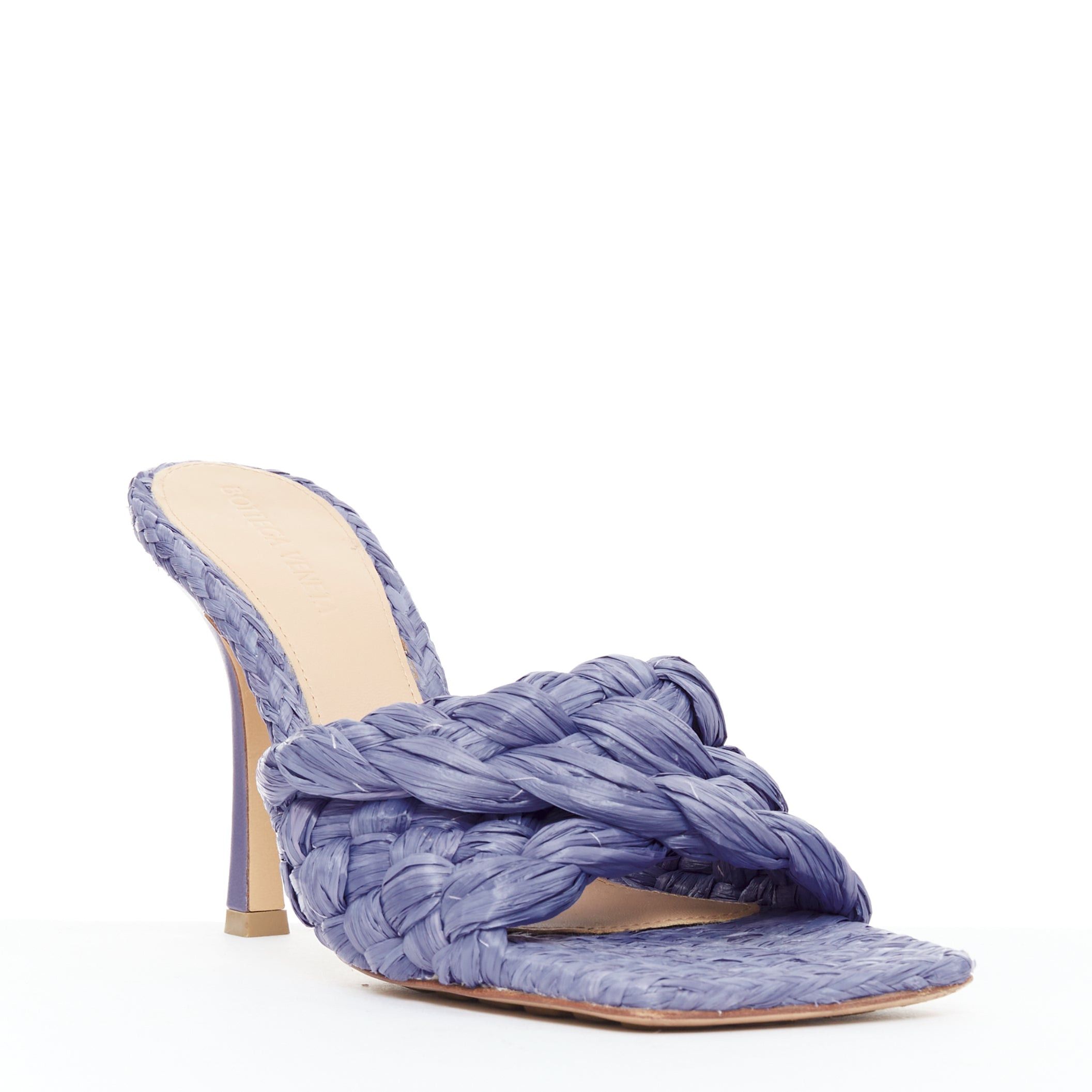 BOTTEGA VENETA Stretch purple woven raffia wicker heel mule sandal EU37