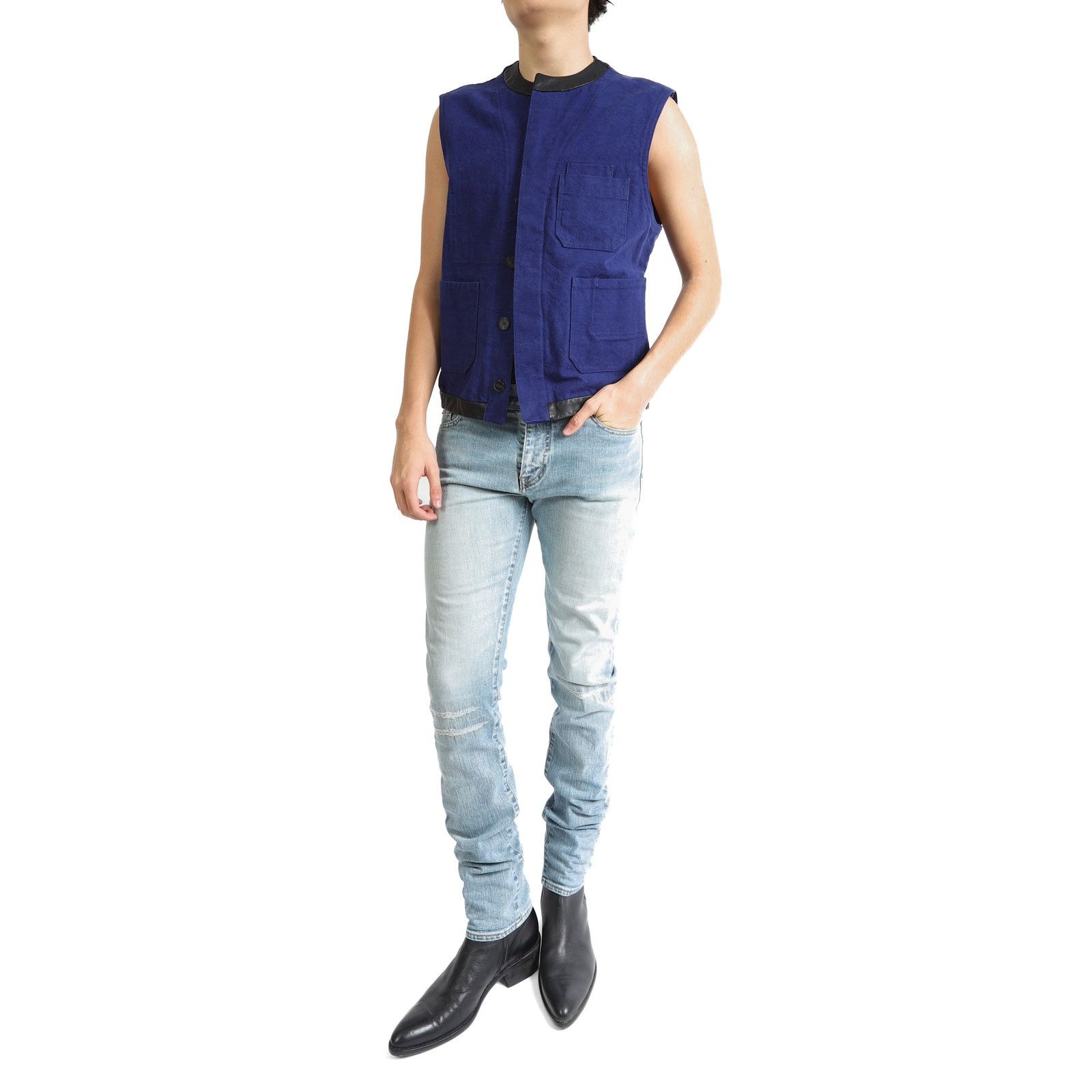 Haider Ackermann FW19 Blue Workwear Waistcoat in Blue Denim & Leather Size US S / EU 44-46 / 1 - 2 Thumbnail