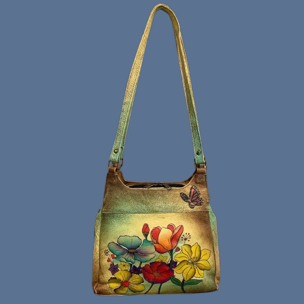 Vintage VINTAGE Anuschka Flower Leather 3 Compartment Shoulder Bag Hand-Painted USA Women Leather Shoulder Bag 9"h 10.5"l 3.25"d Green Size ONE SIZE - 1 Thumbnail