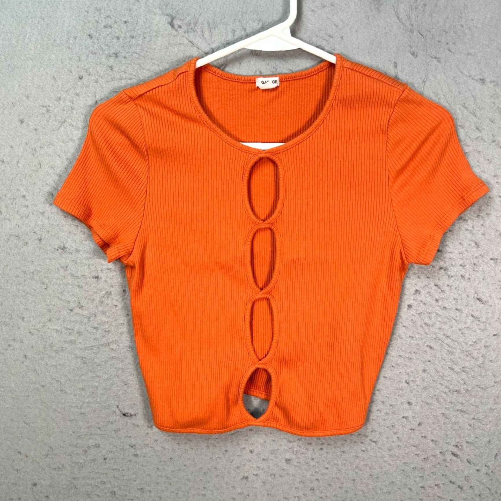 Garage Garage Large Orange Ribbed Cropped T-Shirt Short Sleeve Stretch Fabric Women’s Adult L Orange Cropped Shirt 90s? Size L / US 10 / IT 46 - 2 Thumbnail