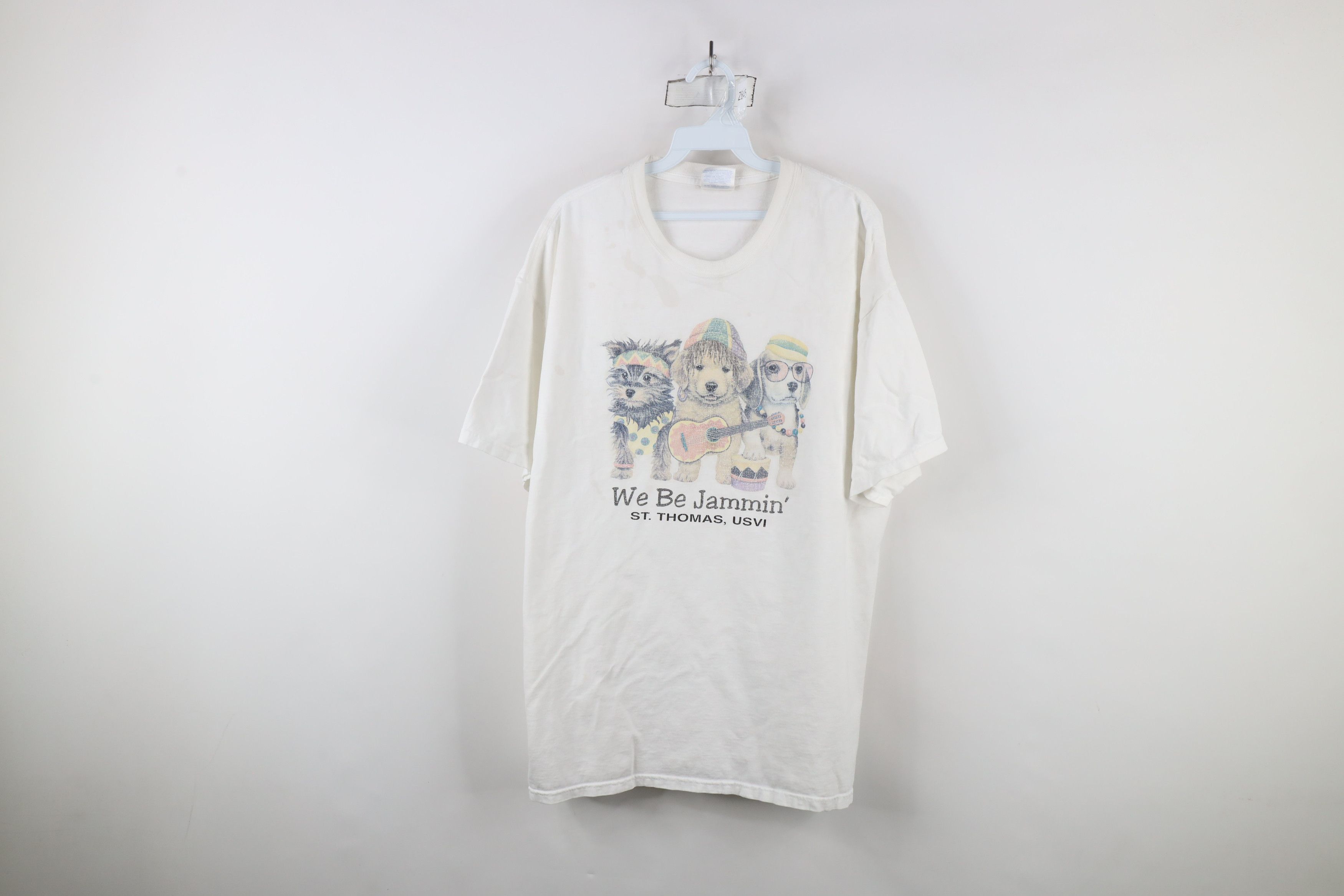 Vintage Vintage 90s Streetwear We Be Jammin Dogs Puppy T-Shirt White Size US XL / EU 56 / 4 - 1 Thumbnail