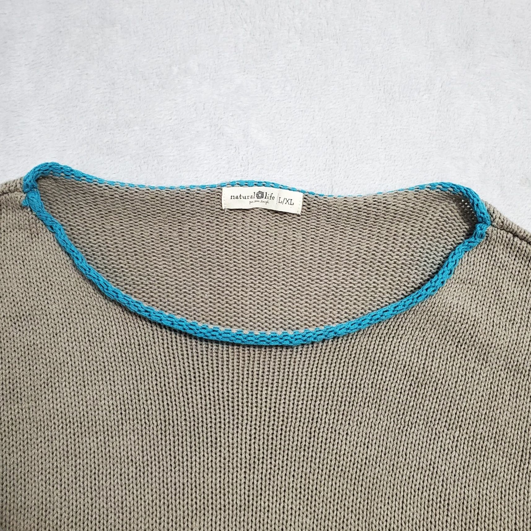 Vintage Natural Life Sweater Womens L Pullover Brown Knit Blue Trim Boho Slouchy Casual Relaxed Knit 60% Cotton 40% Acrylic Vintage No Mens Womens Size L / US 10 / IT 46 - 4 Thumbnail