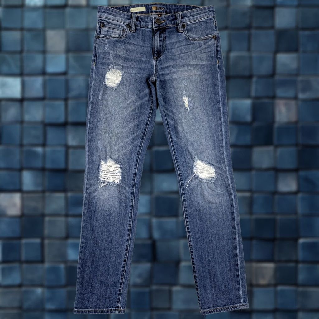 Vintage KUT from the Kloth Catherine Boyfriend Jeans Women 4 Blue Distressed 30x29 Regular Rise Mid 5-Pocket Denim Cotton Blend Spandex Size 27" / US 4 / IT 40 - 1 Thumbnail